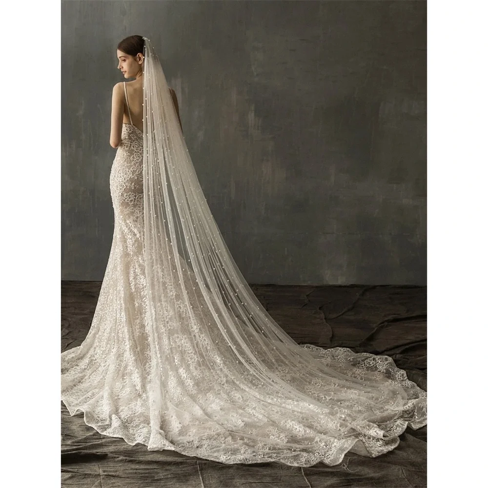 Cathedral Pearl Bridal Veil | Hand-Stitched Ivory Tulle | Pearl Wedding Veil